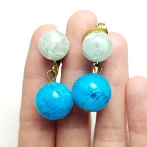Vintage Bright Blue Beaded Dangle Clip On Earrings, Fun Colorful Retro Style